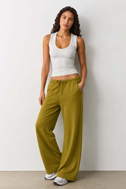 Madmext Oil Green Wide Leg Barrel Fit Sweatpants Mg2646