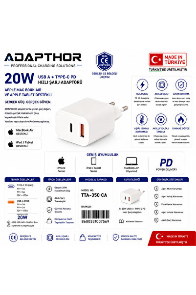 ADAPTHOR Tta-350 Tı 35w Pd/qc Type C To Lıghtnıng 3 A Kablolu Set Beyaz
