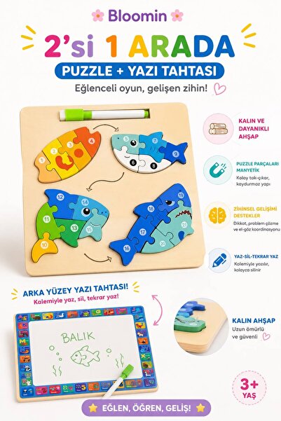 Bloomin Eğitici Ahşap Oyuncak Temalı Yapboz - Bultak Ve Silinebilir Yazı Taht...