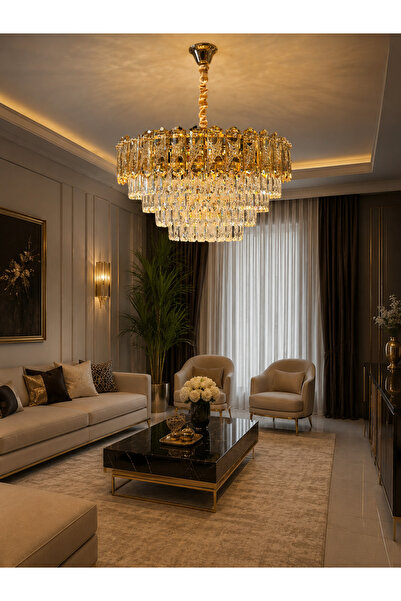 Led YENİ MODEL 60 CM KRİSTAL LÜX SALON AVİZE GOLD RENK
