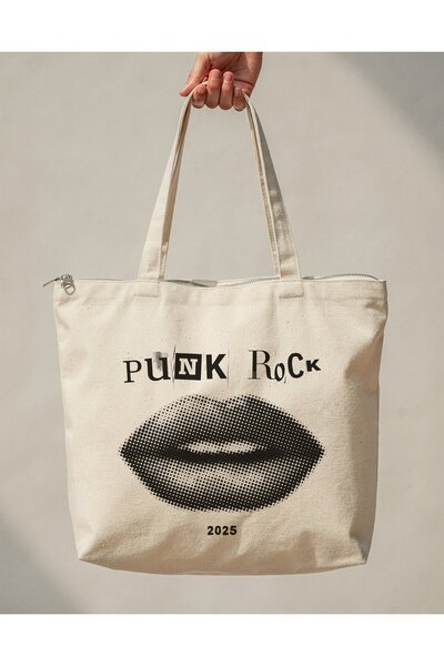 buzagi tasarım ürünleri Punk Rock Zippered Lined Gusseted Canvas Bag 35 X 40 cm