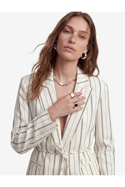 Koton Long Sleeve Striped Blazer Jacket with Pockets and Tie-Waist Detail