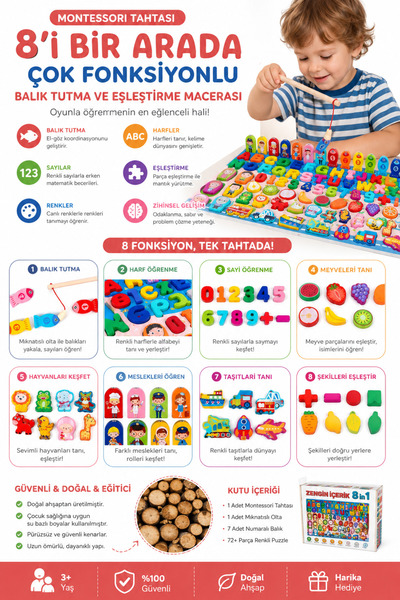 Circle Toys Montessori Tahtası 8'i Bir Arada Çok Fonksiyonlu Balık Tutma Ve Eşleştirme Macerası