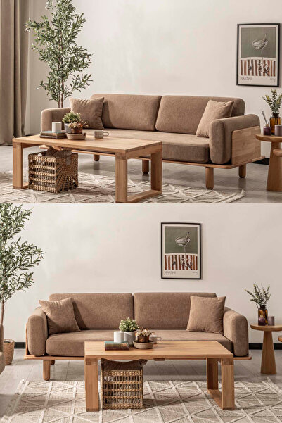 Msm Home & Living İskandinav Tarz Diva Kayın Ahşap Üçlü Koltuk