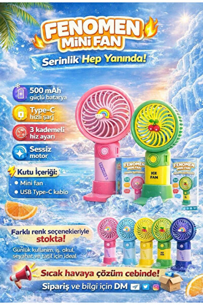 fenomen Mini Fan Taşınabilir Şarj Edilebilir El Fanı 3 Kademeli Sessiz Masaüs...