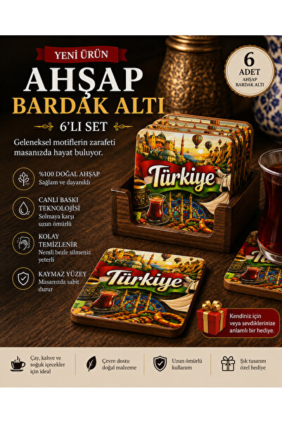 UPEKA Set of 6 Vintage Stylish Design Mdf Wooden Decorative Gift Coasters Turkey