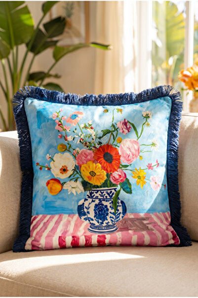 IdeCraft Chinese Vase Fringed Throw Pillow Cover with Flower Bouquet - Navy B...