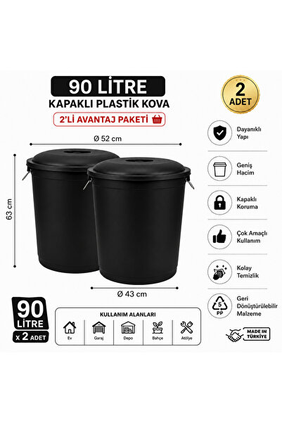 Markasız ucuz 90 Litre Kapaklı Plastik Kova 2 Adet Büyük Boy Çok Amaçlı Sakla...