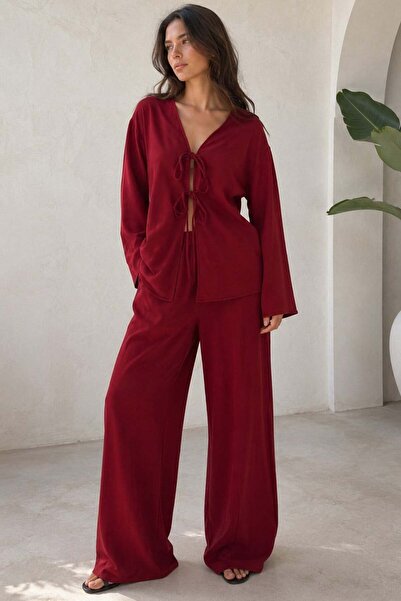 Madmext Burgundy Tie Front Bottom Top Set Mg2423