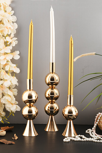 TR Turan Collection ELİT 3'lü Şamdan Seti Gold Renk Dekoratif Metal Mumluk