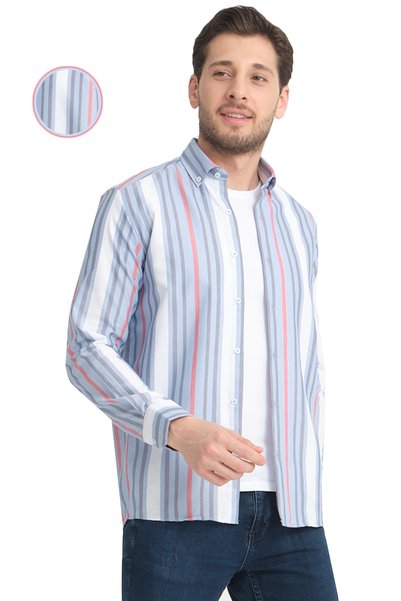 Varetta Men's Blue White Shirt Striped Long Sleeve Pocketless Oxford Fabric Wide Cut
