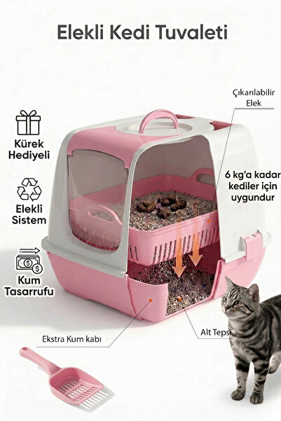Kurtbay Şekil Flex Elekli Kedi Tuvaleti, 50x37,5x40 cm, XL boy, Kum küreği he...