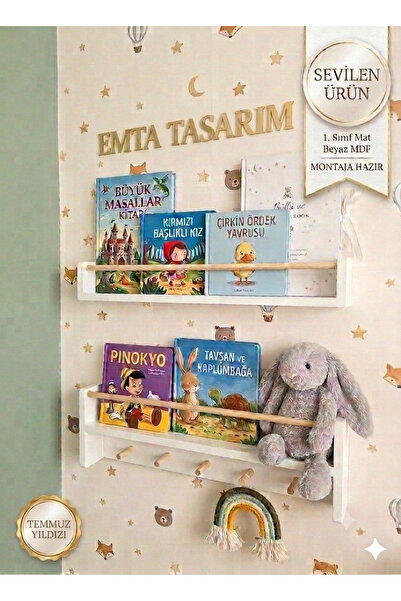 EMTA 50 Cm 2 Li Set Raf Askılık Beyaz Naturel Montessori çocuk odası kitaplık...