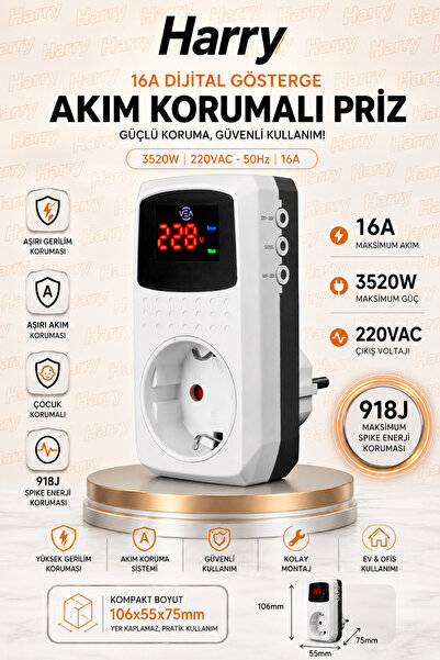 harry 3520 Watt 16 Amper Digital Göstergeli Akım Korumalı Tekli Priz Çocuk Ko...
