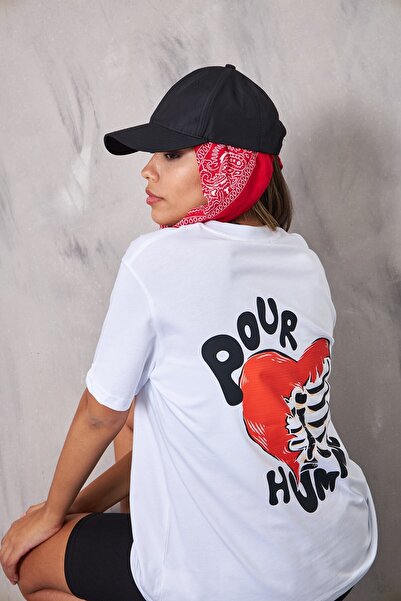 The Champ Clothing Pour Humme Yazılı Kalp Iskelet Tasarım Baskılı Beyaz Kadın...