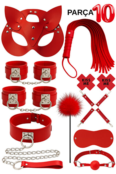 Genel Markalar 10 Parça Fantazi Seti | Kırmızı Peluş Kelepçe, Zincirli Collar, Maske, Kırbaç, Tüy
