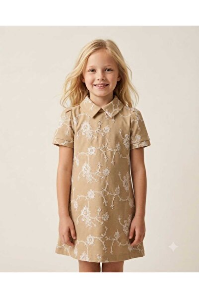 Hilal Akıncı Kids Girl's 100% Cotton Linen and Embroidered Dress