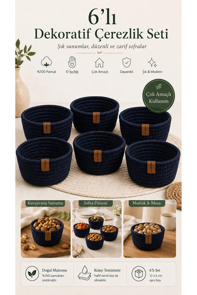 Fabrix Home Cotton Snack Bowl and Presentation Bowl Set Navy Blue Handmade De...