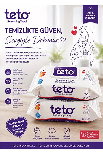 teto 0-3 Yaş Anne ve Bebek Günlük Bakım Islak Havlusu 120 Yaprak - 2'li Paket...