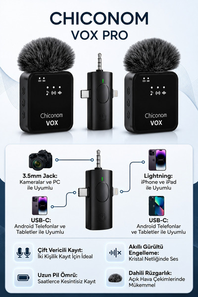 chiconom Onell Vox Pro 2’li Kablosuz Yaka Mikrofonu Type-C iPhone Android Uyumlu