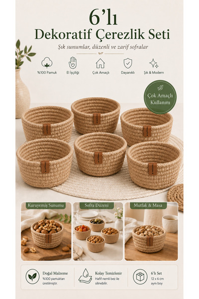 Fabrix Home Cotton Snack Bowl and Presentation Bowl Set Jute Color Handmade D...