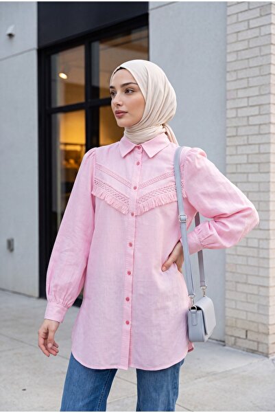 Modamorfo Guipure Tasseled Raw Linen Look Balloon Sleeve Shirt - Powder