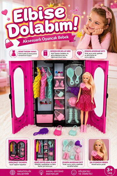 craftivio Elbise Dolabım Aksesuarlı Oyuncak Bebek ve Pembe Elbise Gardırop Se...