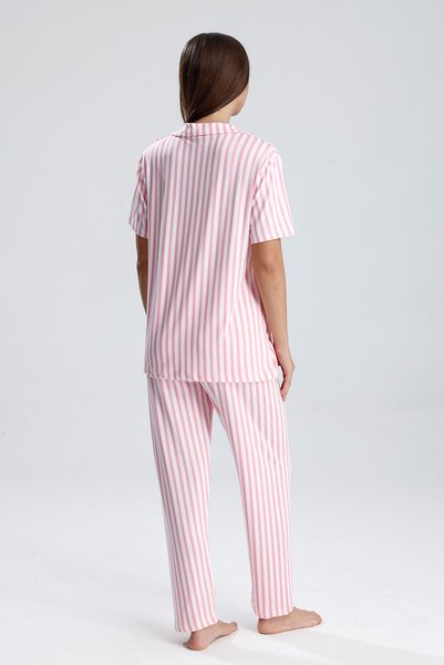 Kompedan Kadın Kısa Kollu Dikey Çizgili Pijama Takımı | Pembe