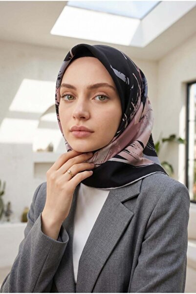 Vissona %57 İPEK %43 VİSKON Twill İpek Geometrik Desenli Siyah - Pudra Renkli...