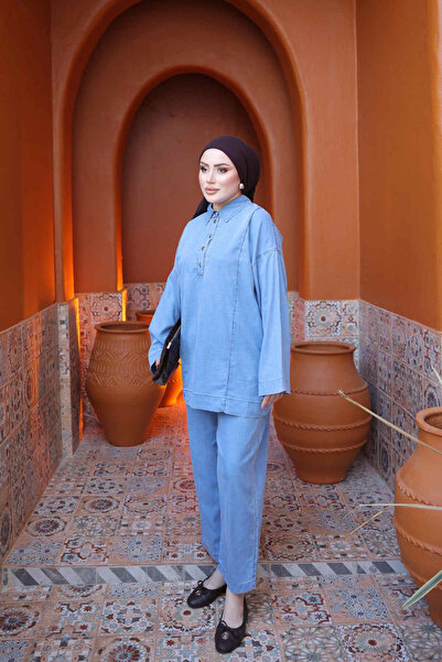 İmajButik Mavi Yaka Düğmeli Tunik Pantolonlu Takım
