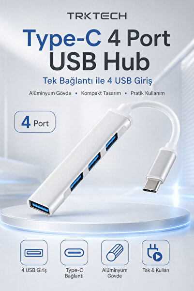 TrkTech Type-C USB Hub 4 Port USB Repeater 1X USB 3.0 + 3X USB 2.0 Aluminum M...