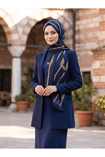 Vissona KREP ZİNCİR DESENLİ LACİVERT RENKLİ 75X195 KIRIŞMAZ ŞAL