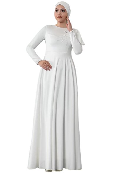 PHELDA Shoulder Detailed Hijab Evening Dress 701-White