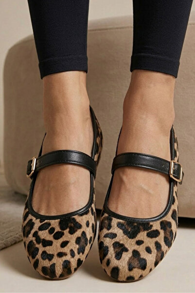 TOFİSA Kadın Vizon Leopar Kemerli Babet - 28340-VIZON