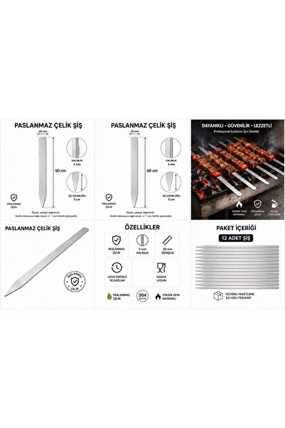 Paslanmaz Adana Kebap Şişi 430 Kalite 12 Adet 3mm kalınlık