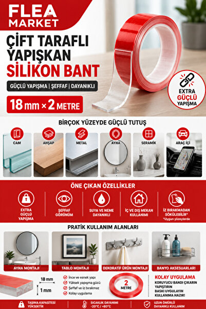 izmir Bitpazarı Çift Taraflı Yapışkan Silikon Bant ( 18mm X 2 Metre )