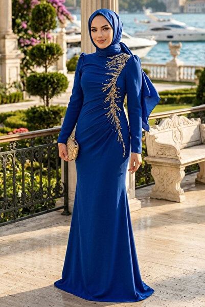 N.S NEVA STYLE -Bead Embroidered Sax Blue Hijab Evening Dress 4964Sx