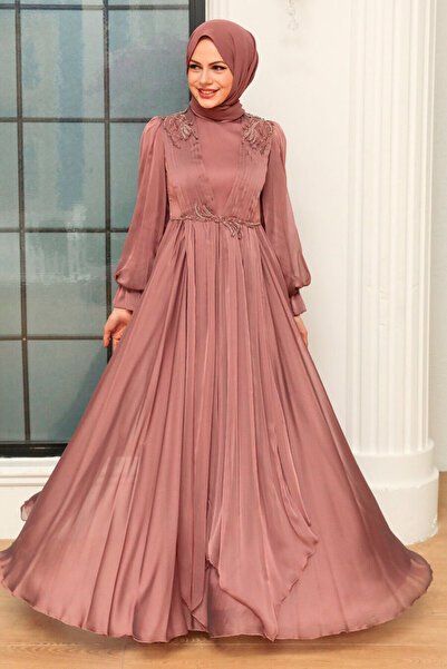 Neva Style Balon Kol Vizon Tesettür Abiye Elbise 21910V