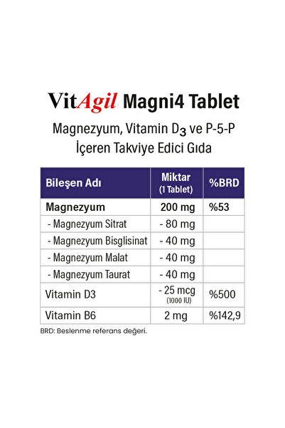 Vitagil Magni4 | Magnezyum, Vitamin D3, P5P (Vitamin B6) - 30 Tablet