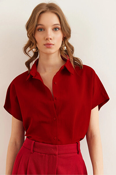 Olalook Kadın Bordo Yarasa Oversize Keten Gömlek GML-19001109