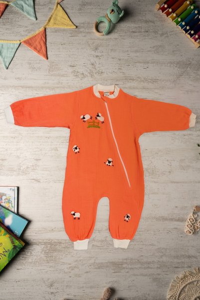 Be'Calm Muslin 100% Organic Cotton - Unisex Baby Seasonal Sleeping Bag with Zipper - Lamb Embroidery - Orange