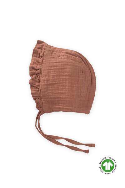 Cigit Tied Ruffled Organic Muslin Baby Hat 0-2 Years Light Brown