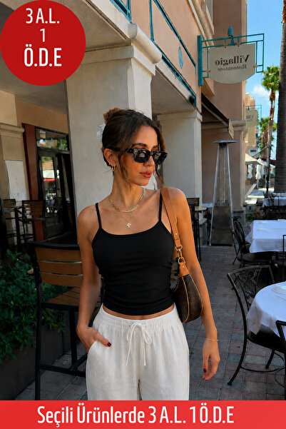 COMBİNE MİCHAİL Women's Basic Thin Strap Tight Black Crop Blouse