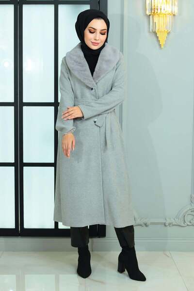 Missvalle Wide Fur Collar Cashew Coat Gray 19174