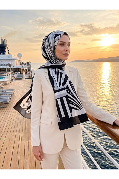 Vissona %100 Saf İpek Şal İnce Saten Vual Dokuma Yelpaze Desenli Gri - Siyah ...