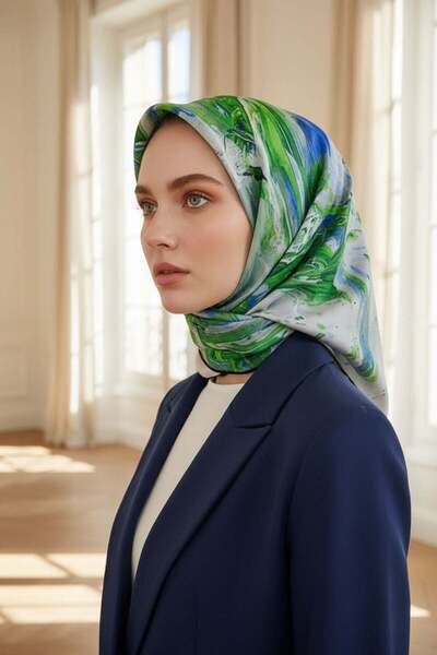 Vissona %100 Twill İpek Fırça Darbesi Desenli Saks - Zümrüt Yeşili Renkli 90x...