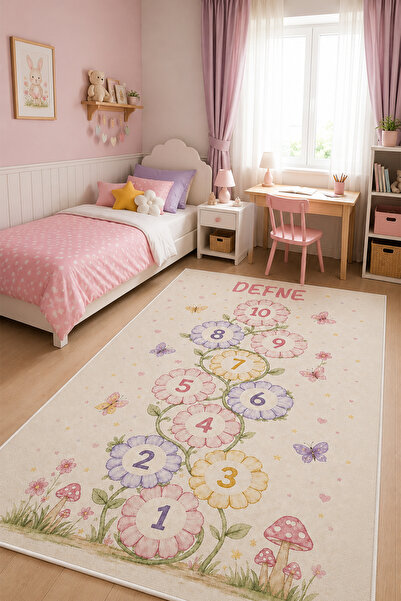 PINKIE HOME Özel İsimli Dijital Kaymaz Yıkanabilir Pembe Seksekli Çocuk Halıs...