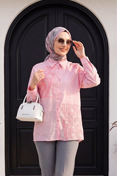 Modamorfo Asymmetrical Embroidered Buttoned Tulle Voile Tunic -Pink
