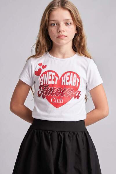 DeFacto Crew Neck Ribbed Printed Short Sleeve White T-Shirt Girls H9609A826Au