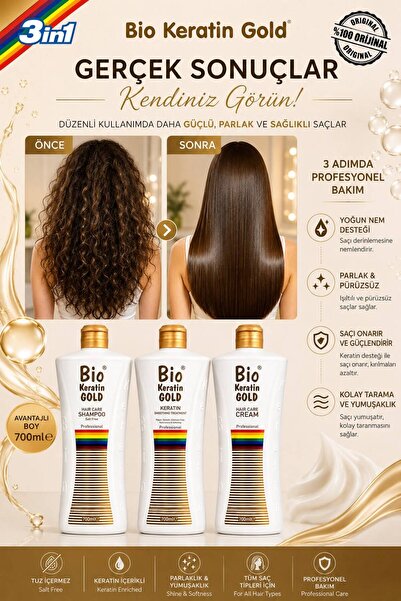 Bio Keratin Gold Kalıcı Brezilya Fönü 3'lü Set 700 Ml ( Keratin - Tuzsuz Şamp...